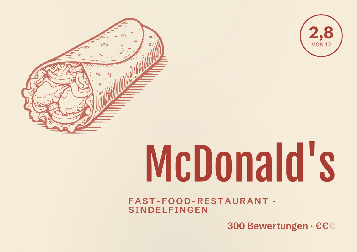 Illustriertes Poster von McDonald's, Fast-Food-Restaurant in Sindelfingen: Bewertung 2,8 von 10 aus 300 Bewertungen, Preisniveau €€