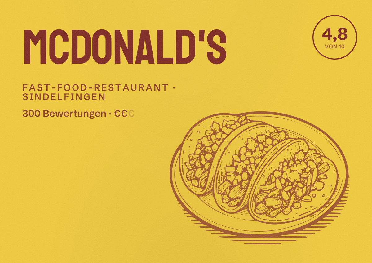 Illustriertes Poster von McDonald's, Fast-Food-Restaurant in Sindelfingen: Bewertung 4,8 von 10 aus 300 Bewertungen, Preisniveau €€