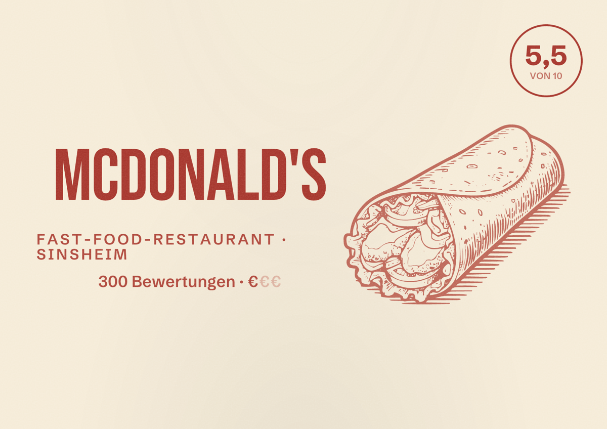 Illustriertes Poster von McDonald's, Fast-Food-Restaurant in Sinsheim: Bewertung 5,5 von 10 aus 300 Bewertungen, Preisniveau €
