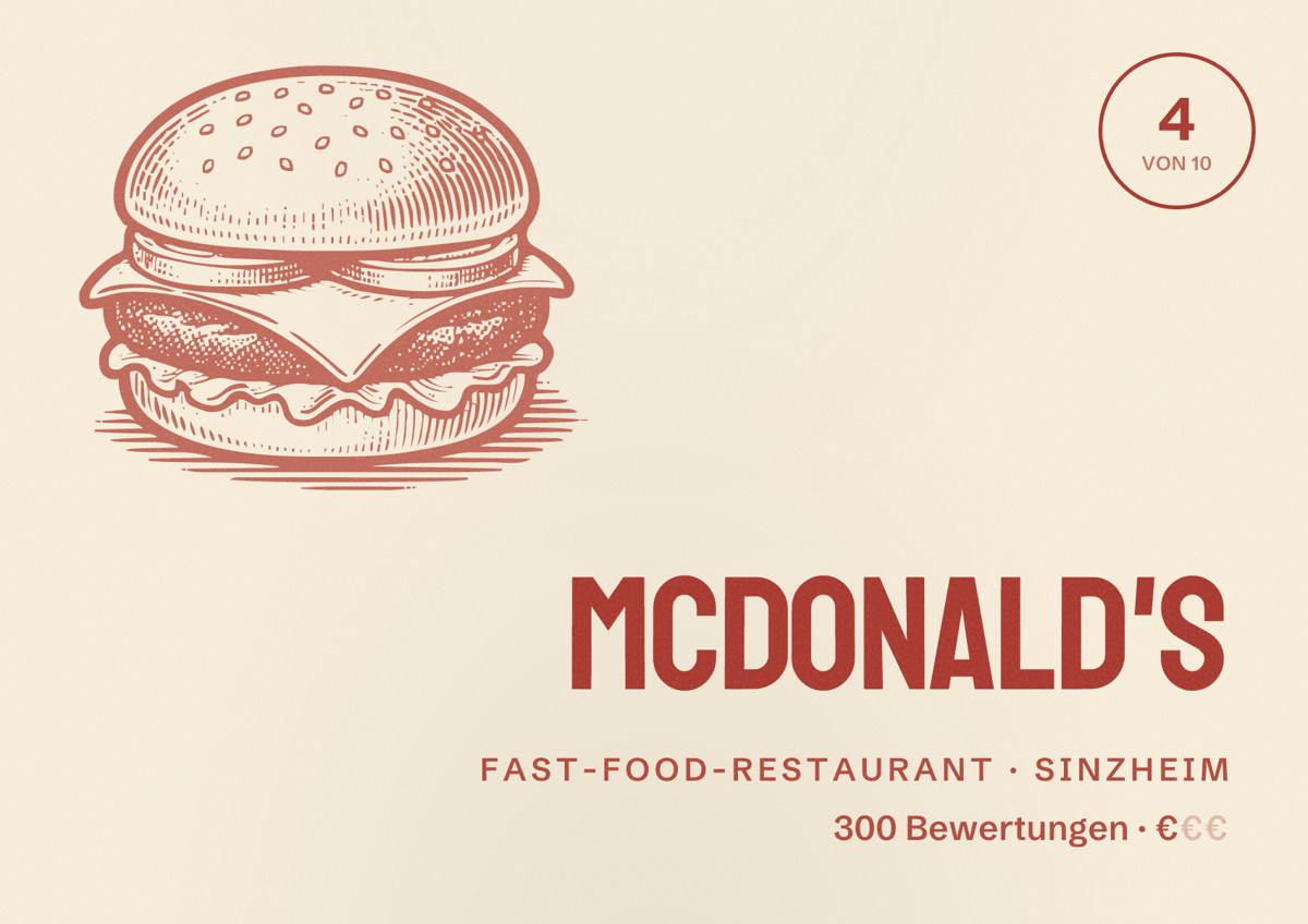 Illustriertes Poster von McDonald's, Fast-Food-Restaurant in Sinzheim: Bewertung 4 von 10 aus 300 Bewertungen, Preisniveau €