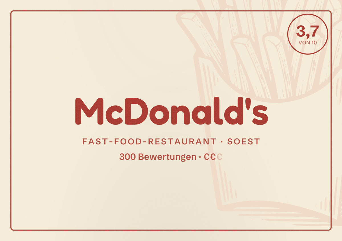 Illustriertes Poster von McDonald's, Fast-Food-Restaurant in Soest: Bewertung 3,7 von 10 aus 300 Bewertungen, Preisniveau €€