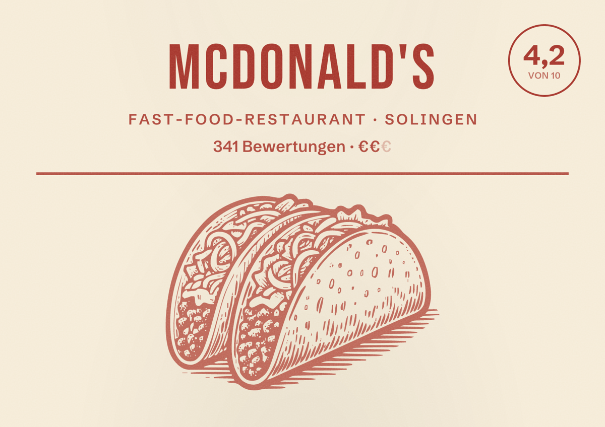 Illustriertes Poster von McDonald's, Fast-Food-Restaurant in Solingen: Bewertung 4,2 von 10 aus 341 Bewertungen, Preisniveau €€
