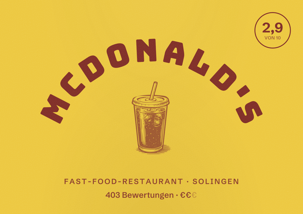 Illustriertes Poster von McDonald's, Fast-Food-Restaurant in Solingen: Bewertung 2,9 von 10 aus 403 Bewertungen, Preisniveau €€