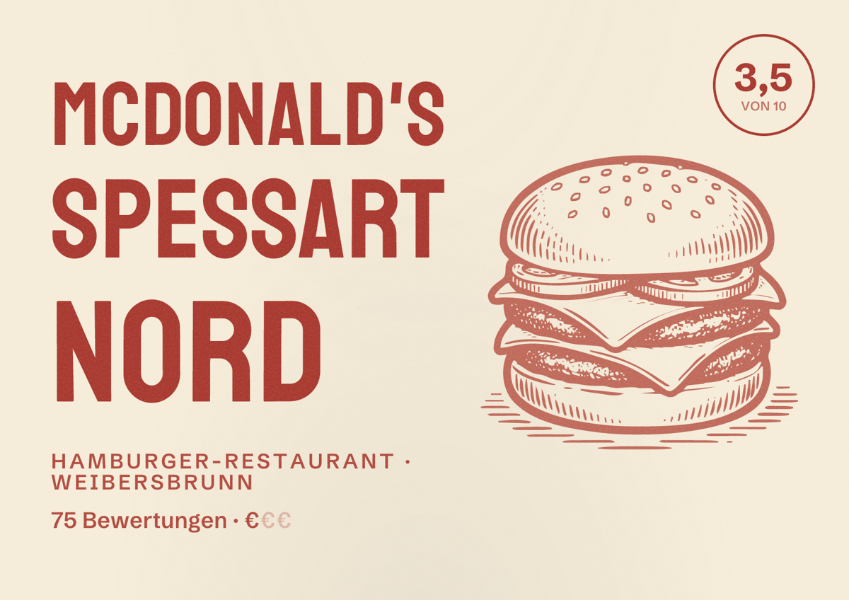 Illustriertes Poster von McDonald's Spessart Nord, Hamburger-Restaurant in Weibersbrunn: Bewertung 3,5 von 10 aus 75 Bewertungen, Preisniveau €