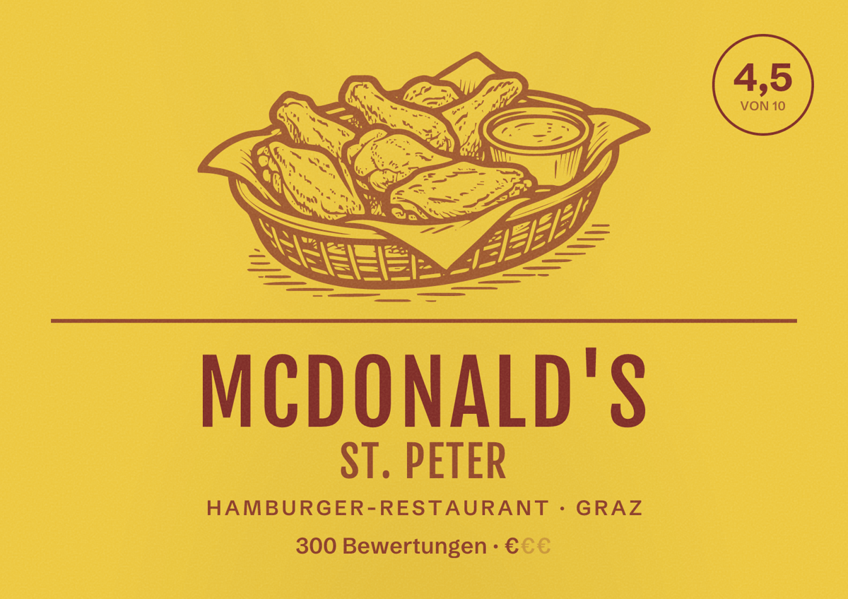 Illustriertes Poster von McDonald's St. Peter, Hamburger-Restaurant in Graz: Bewertung 4,5 von 10 aus 300 Bewertungen, Preisniveau €
