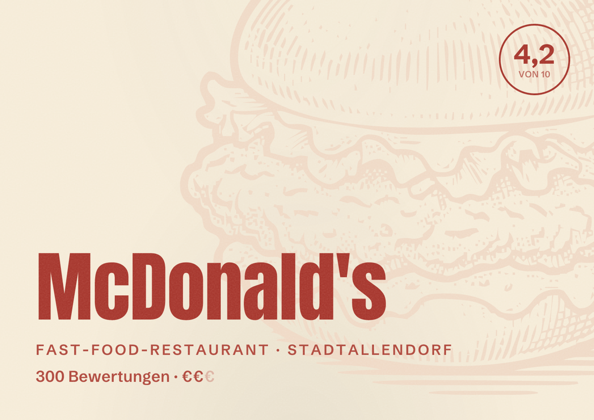 Illustriertes Poster von McDonald's, Fast-Food-Restaurant in Stadtallendorf: Bewertung 4,2 von 10 aus 300 Bewertungen, Preisniveau €€