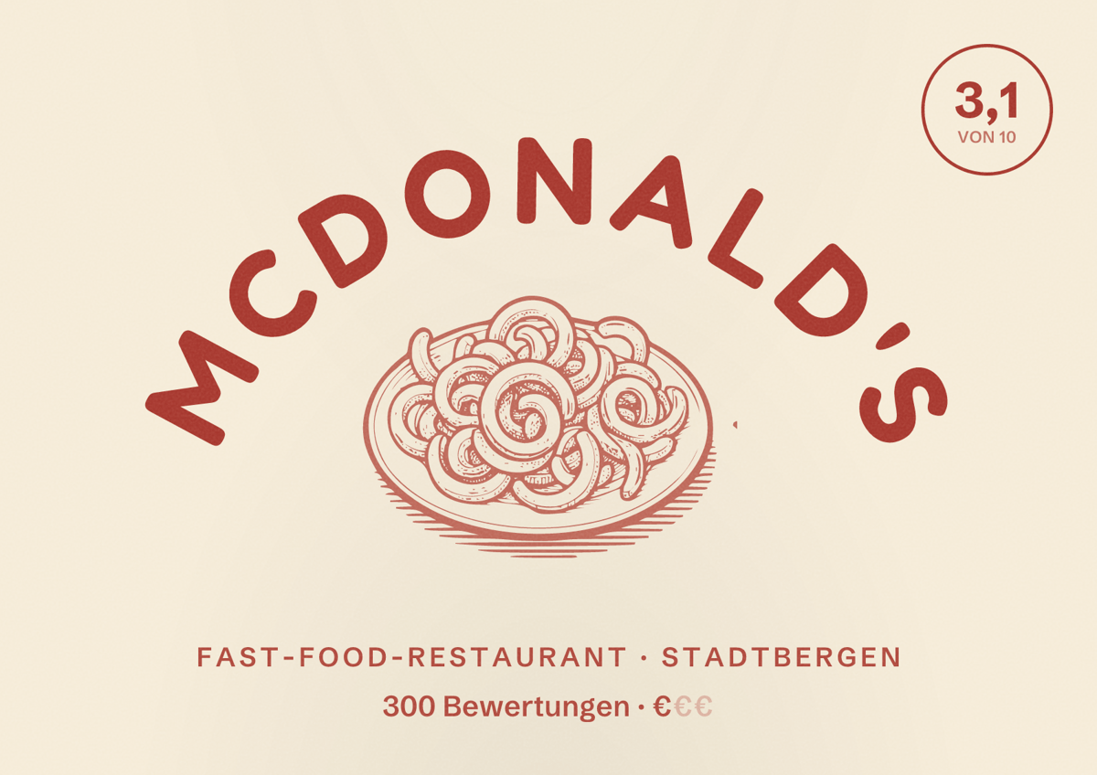 Illustriertes Poster von McDonald's, Fast-Food-Restaurant in Stadtbergen: Bewertung 3,1 von 10 aus 300 Bewertungen, Preisniveau €