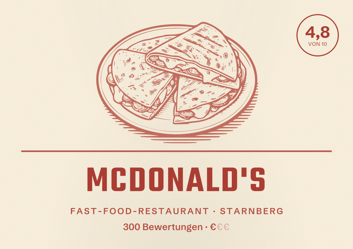 Illustriertes Poster von McDonald's, Fast-Food-Restaurant in Starnberg: Bewertung 4,8 von 10 aus 300 Bewertungen, Preisniveau €