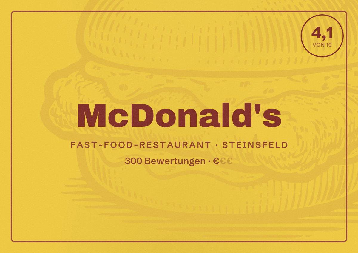Illustriertes Poster von McDonald's, Fast-Food-Restaurant in Steinsfeld: Bewertung 4,1 von 10 aus 300 Bewertungen, Preisniveau €