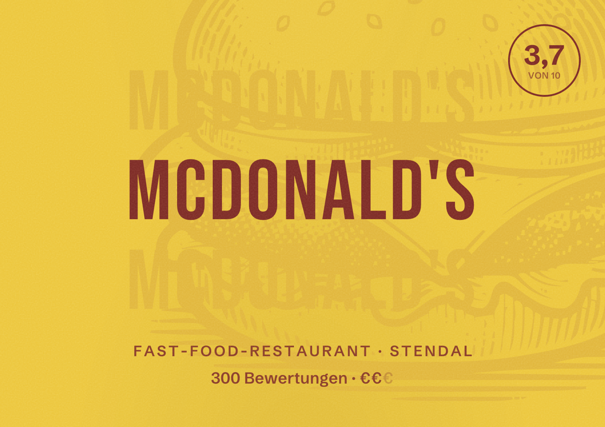 Illustriertes Poster von McDonald's, Fast-Food-Restaurant in Stendal: Bewertung 3,7 von 10 aus 300 Bewertungen, Preisniveau €€
