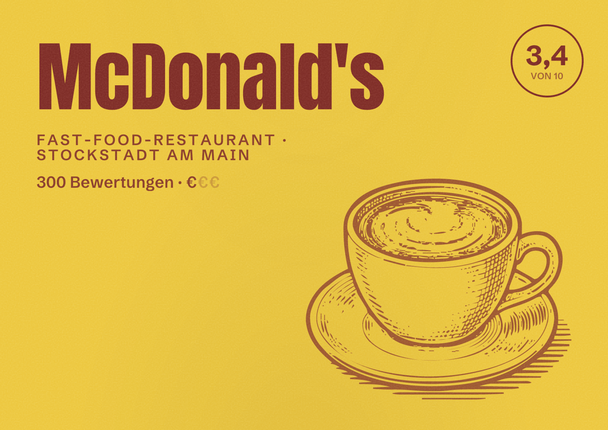Illustriertes Poster von McDonald's, Fast-Food-Restaurant in Stockstadt am Main: Bewertung 3,4 von 10 aus 300 Bewertungen, Preisniveau €
