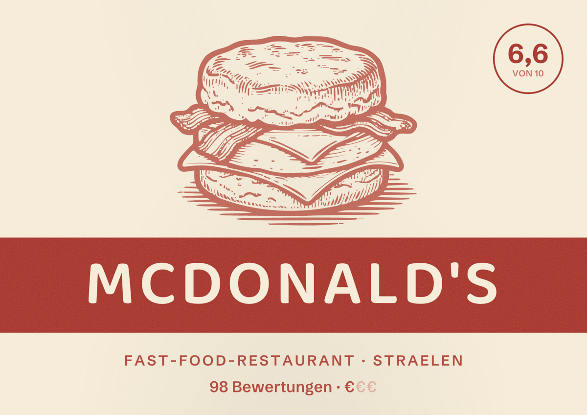 Illustriertes Poster von McDonald's, Fast-Food-Restaurant in Straelen: Bewertung 6,6 von 10 aus 98 Bewertungen, Preisniveau €