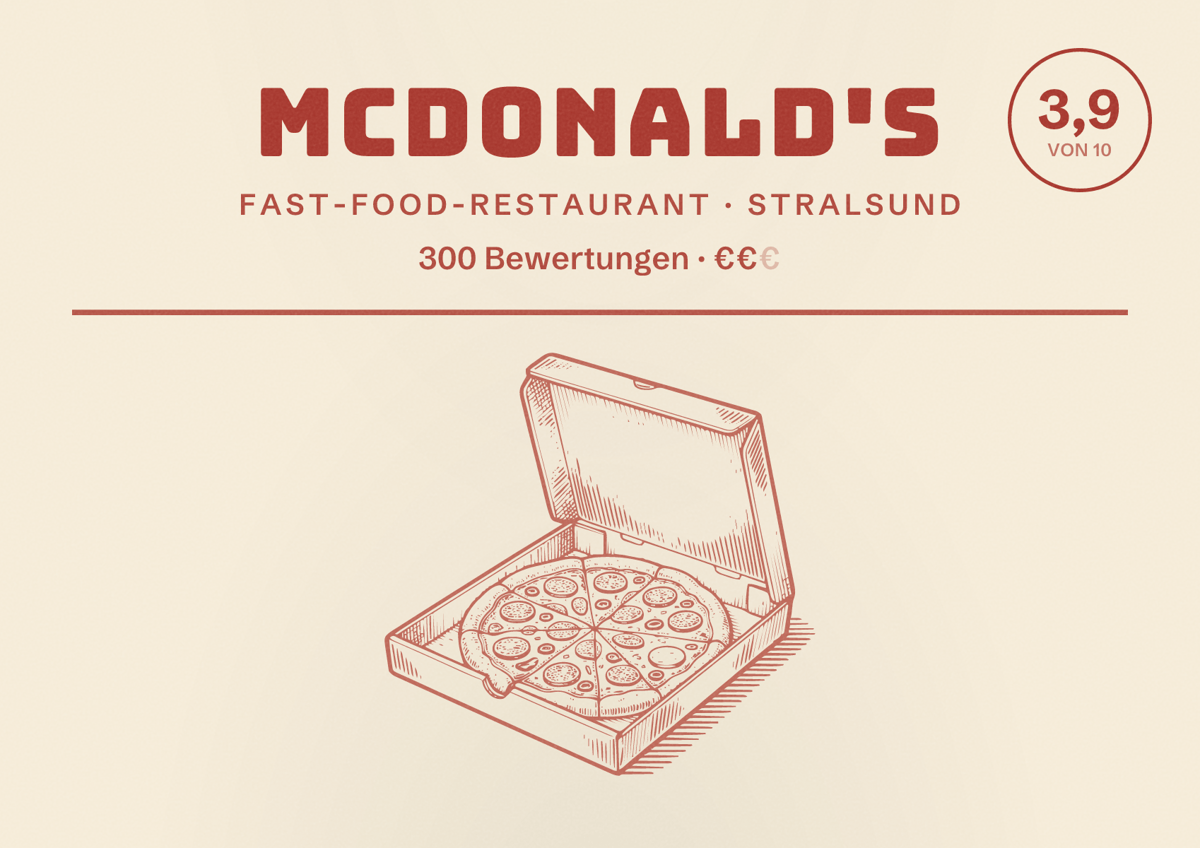 Illustriertes Poster von McDonald's, Fast-Food-Restaurant in Stralsund: Bewertung 3,9 von 10 aus 300 Bewertungen, Preisniveau €€