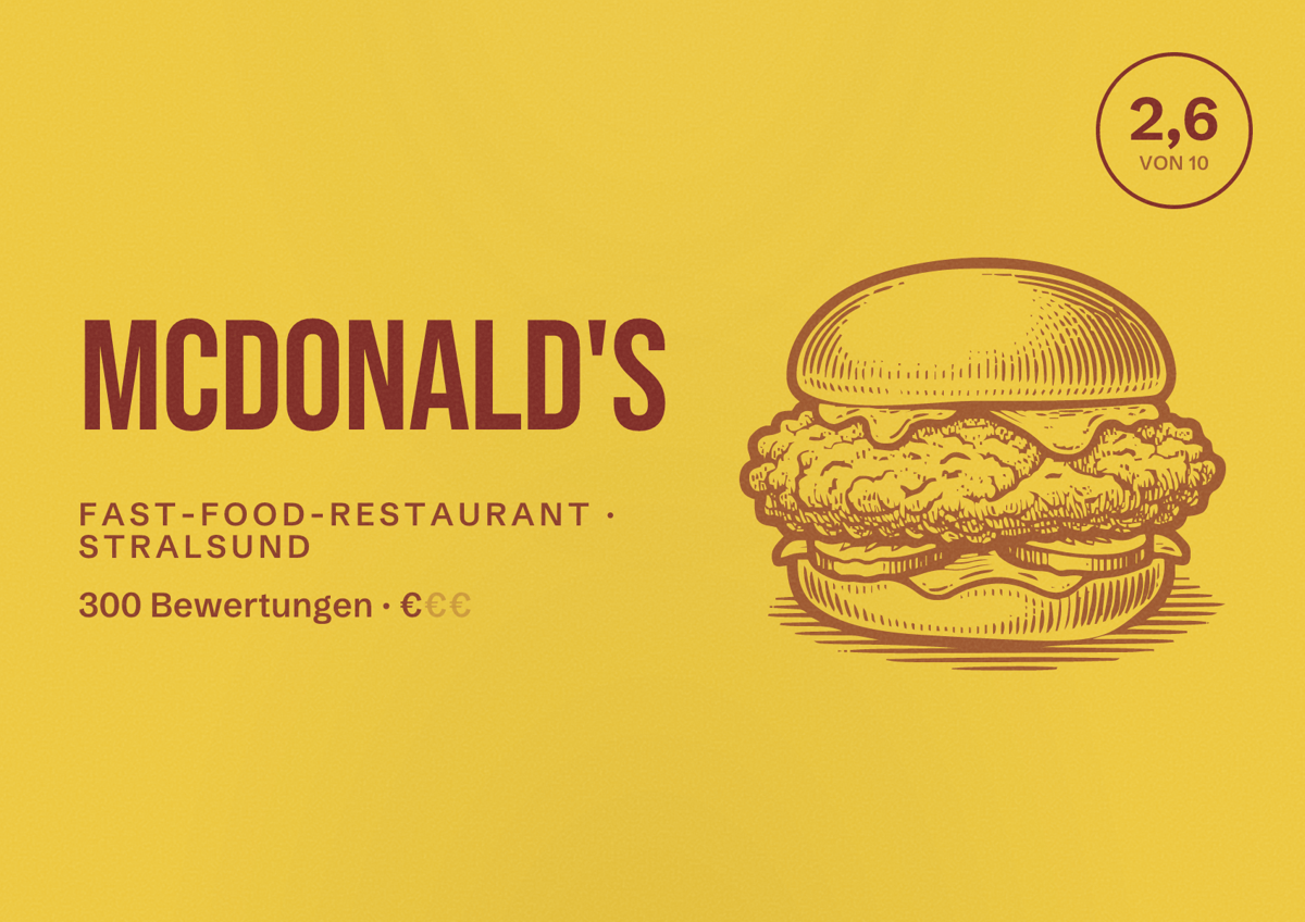 Illustriertes Poster von McDonald's, Fast-Food-Restaurant in Stralsund: Bewertung 2,6 von 10 aus 300 Bewertungen, Preisniveau €
