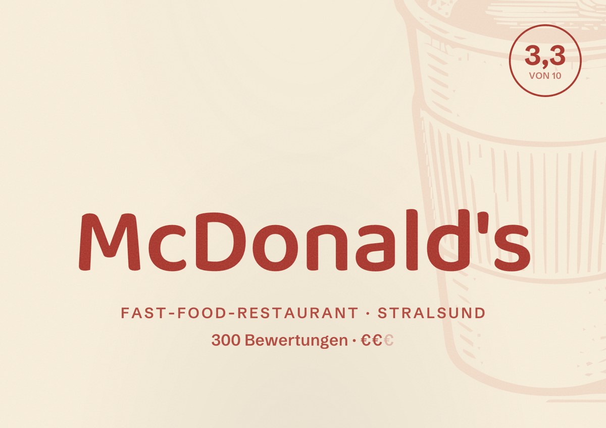 Illustriertes Poster von McDonald's, Fast-Food-Restaurant in Stralsund: Bewertung 3,3 von 10 aus 300 Bewertungen, Preisniveau €€