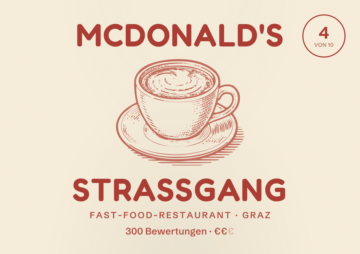 Illustriertes Poster von McDonald's Straßgang, Fast-Food-Restaurant in Graz: Bewertung 4 von 10 aus 300 Bewertungen, Preisniveau €€