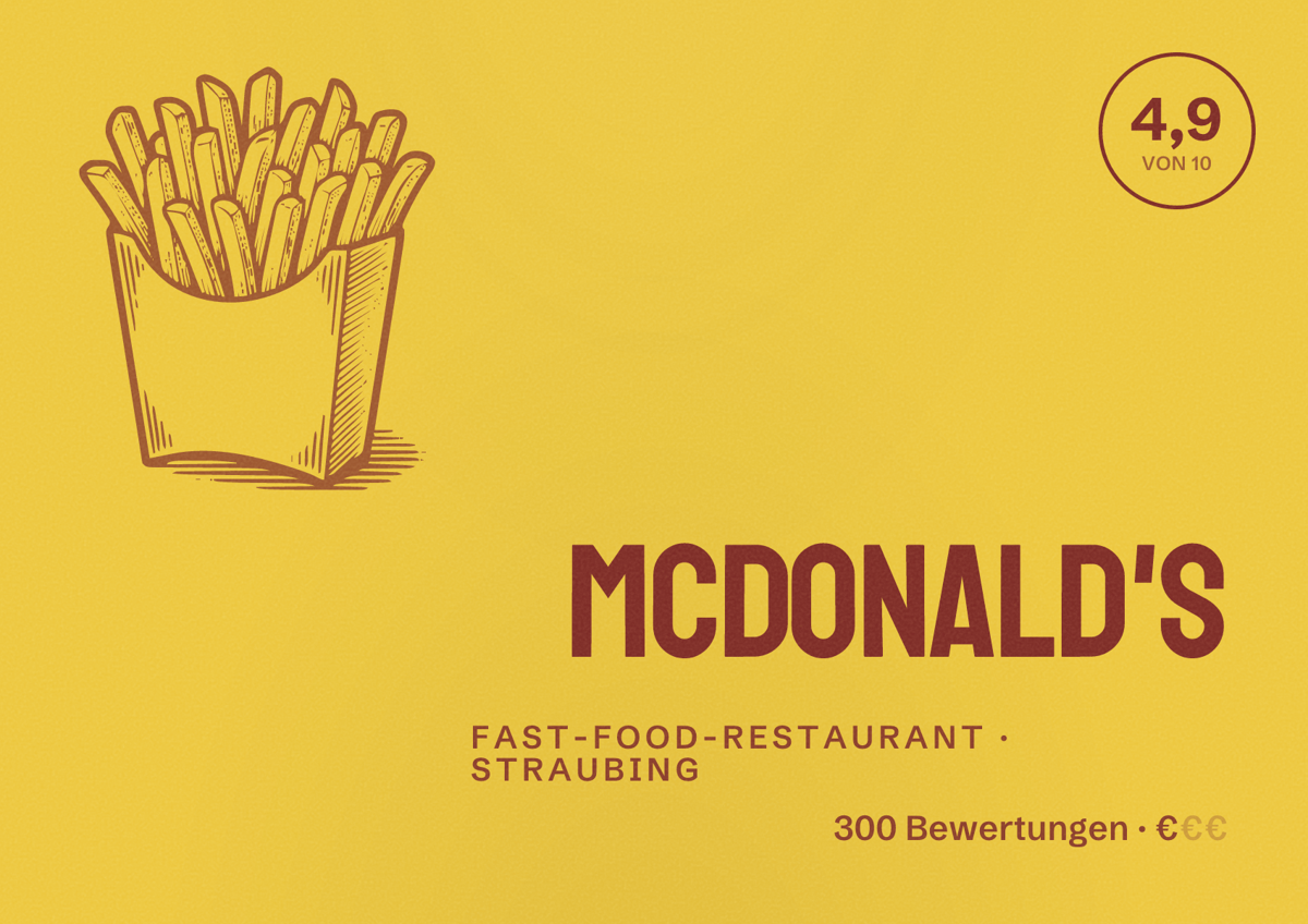 Illustriertes Poster von McDonald's, Fast-Food-Restaurant in Straubing: Bewertung 4,9 von 10 aus 300 Bewertungen, Preisniveau €