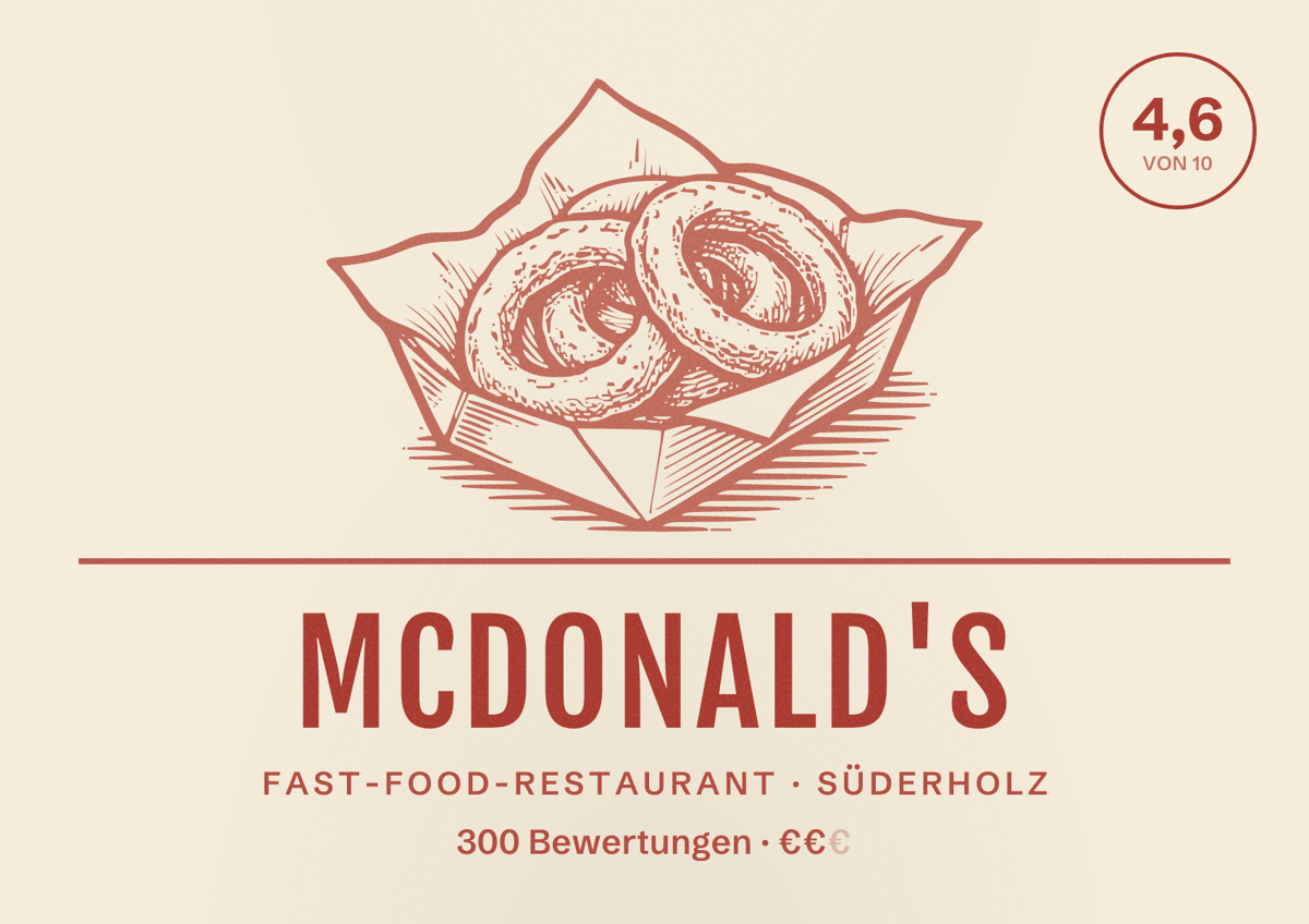 Illustriertes Poster von McDonald's, Fast-Food-Restaurant in Süderholz: Bewertung 4,6 von 10 aus 300 Bewertungen, Preisniveau €€