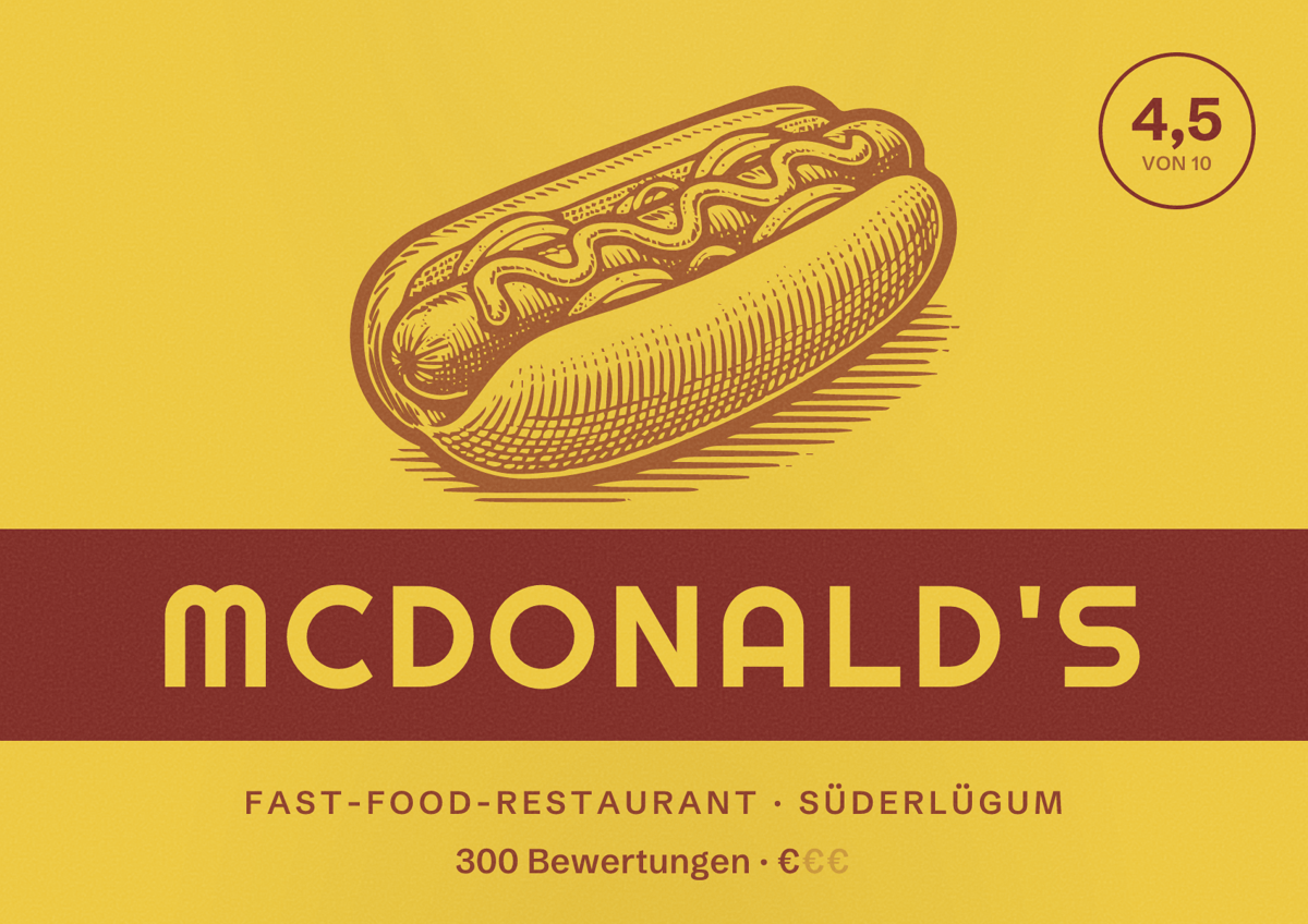 Illustriertes Poster von McDonald's, Fast-Food-Restaurant in Süderlügum: Bewertung 4,5 von 10 aus 300 Bewertungen, Preisniveau €