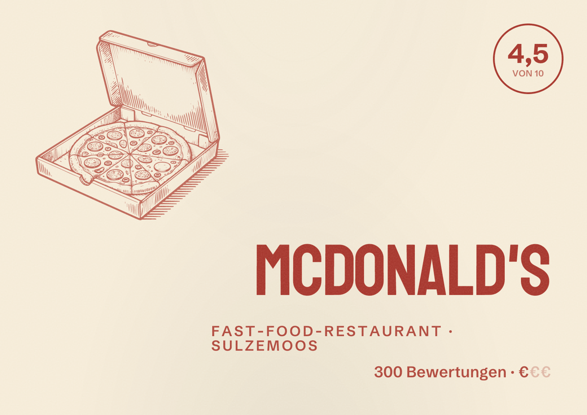 Illustriertes Poster von McDonald's, Fast-Food-Restaurant in Sulzemoos: Bewertung 4,5 von 10 aus 300 Bewertungen, Preisniveau €