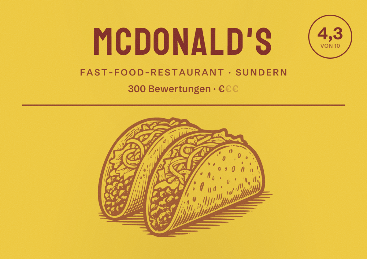Illustriertes Poster von McDonald's, Fast-Food-Restaurant in Sundern: Bewertung 4,3 von 10 aus 300 Bewertungen, Preisniveau €