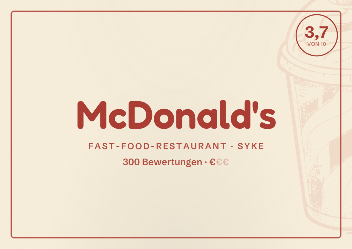 Illustriertes Poster von McDonald's, Fast-Food-Restaurant in Syke: Bewertung 3,7 von 10 aus 300 Bewertungen, Preisniveau €