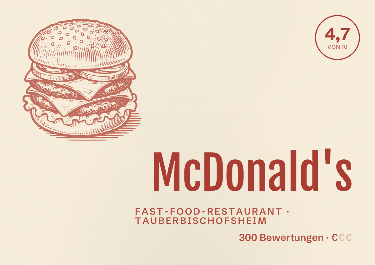 Illustriertes Poster von McDonald's, Fast-Food-Restaurant in Tauberbischofsheim: Bewertung 4,7 von 10 aus 300 Bewertungen, Preisniveau €