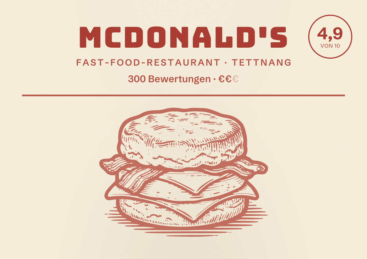 Illustriertes Poster von McDonald's, Fast-Food-Restaurant in Tettnang: Bewertung 4,9 von 10 aus 300 Bewertungen, Preisniveau €€
