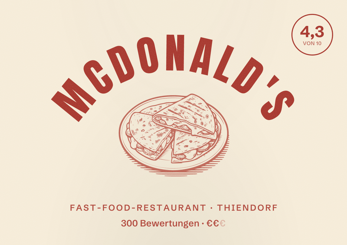 Illustriertes Poster von McDonald's, Fast-Food-Restaurant in Thiendorf: Bewertung 4,3 von 10 aus 300 Bewertungen, Preisniveau €€