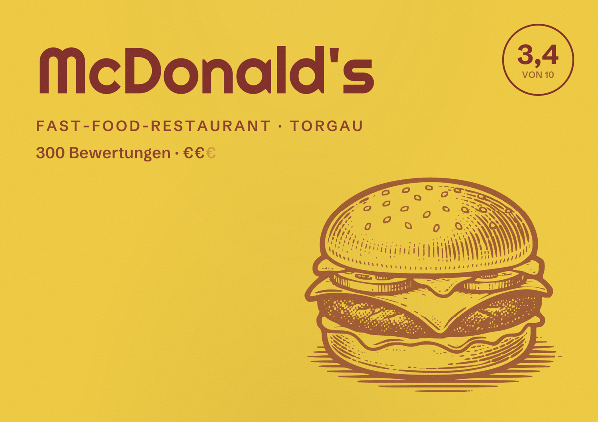 Illustriertes Poster von McDonald's, Fast-Food-Restaurant in Torgau: Bewertung 3,4 von 10 aus 300 Bewertungen, Preisniveau €€