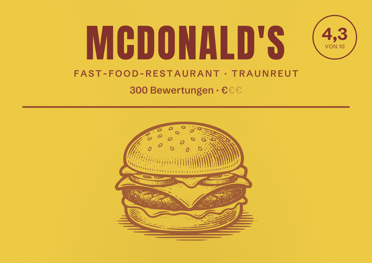 Illustriertes Poster von McDonald's, Fast-Food-Restaurant in Traunreut: Bewertung 4,3 von 10 aus 300 Bewertungen, Preisniveau €