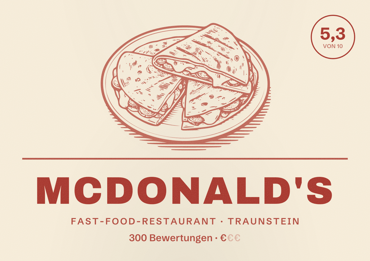 Illustriertes Poster von McDonald's, Fast-Food-Restaurant in Traunstein: Bewertung 5,3 von 10 aus 300 Bewertungen, Preisniveau €