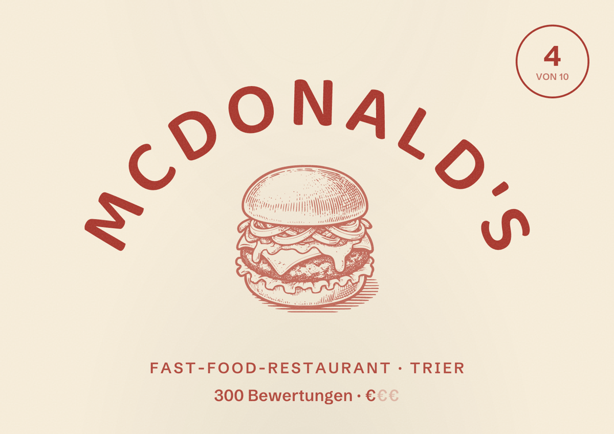 Illustriertes Poster von McDonald's, Fast-Food-Restaurant in Trier: Bewertung 4 von 10 aus 300 Bewertungen, Preisniveau €