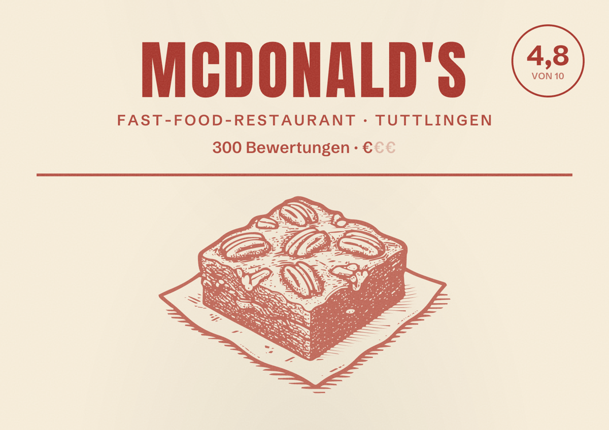 Illustriertes Poster von McDonald's, Fast-Food-Restaurant in Tuttlingen: Bewertung 4,8 von 10 aus 300 Bewertungen, Preisniveau €