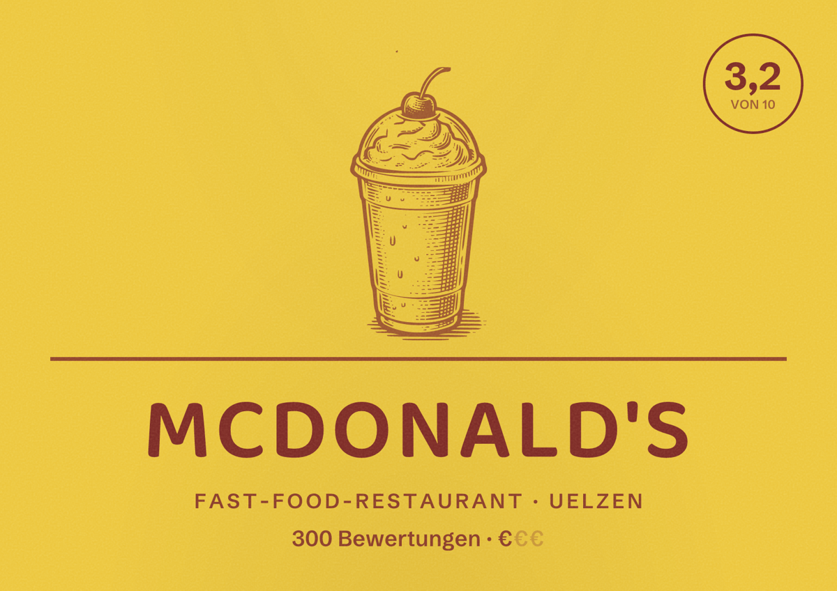 Illustriertes Poster von McDonald's, Fast-Food-Restaurant in Uelzen: Bewertung 3,2 von 10 aus 300 Bewertungen, Preisniveau €