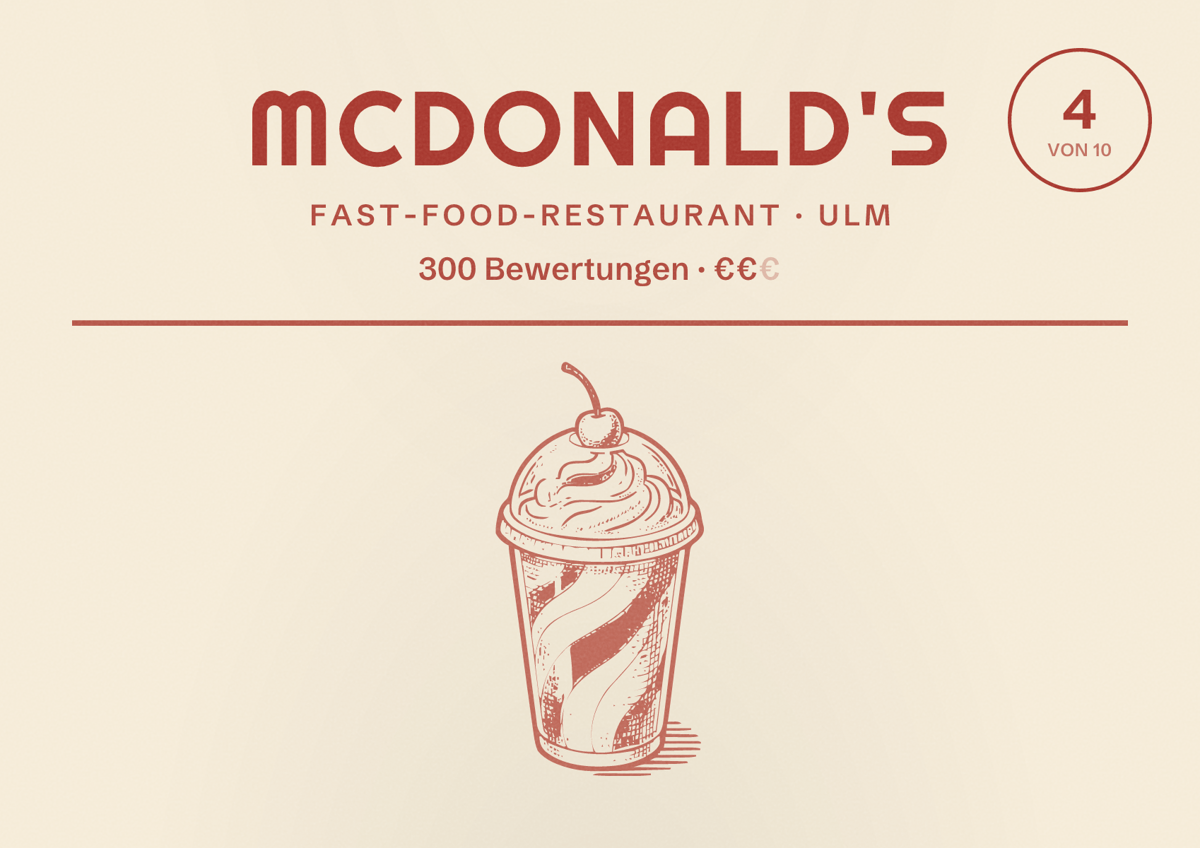 Illustriertes Poster von McDonald's, Fast-Food-Restaurant in Ulm: Bewertung 4 von 10 aus 300 Bewertungen, Preisniveau €€
