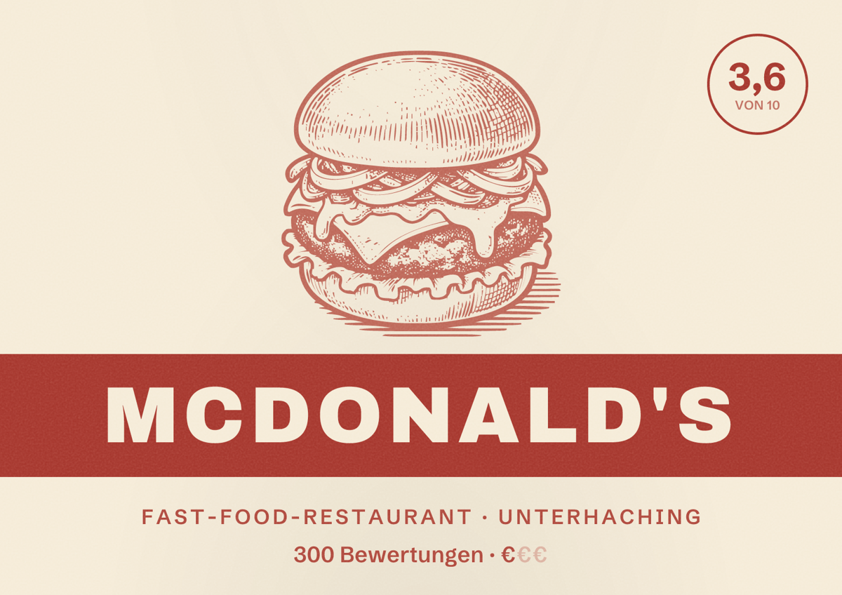 Illustriertes Poster von McDonald's, Fast-Food-Restaurant in Unterhaching: Bewertung 3,6 von 10 aus 300 Bewertungen, Preisniveau €