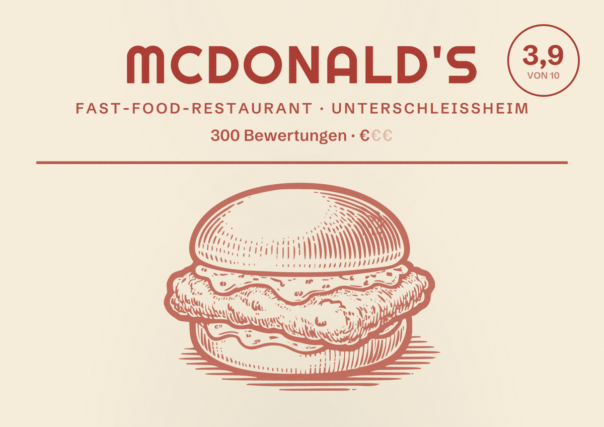 Illustriertes Poster von McDonald's, Fast-Food-Restaurant in Unterschleißheim: Bewertung 3,9 von 10 aus 300 Bewertungen, Preisniveau €
