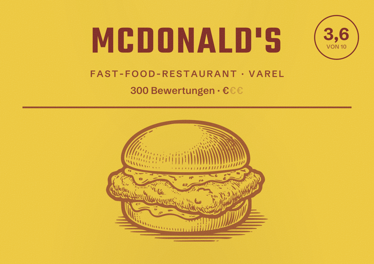 Illustriertes Poster von McDonald's, Fast-Food-Restaurant in Varel: Bewertung 3,6 von 10 aus 300 Bewertungen, Preisniveau €