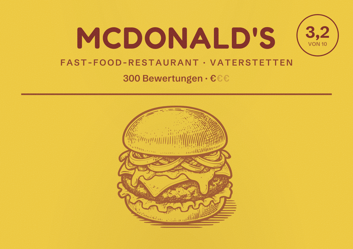 Illustriertes Poster von McDonald's, Fast-Food-Restaurant in Vaterstetten: Bewertung 3,2 von 10 aus 300 Bewertungen, Preisniveau €