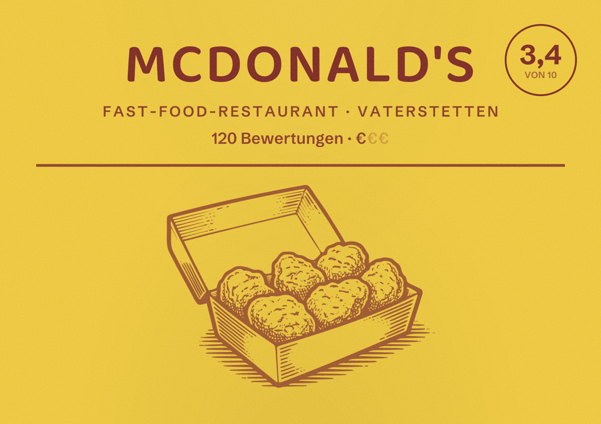 Illustriertes Poster von McDonald's, Fast-Food-Restaurant in Vaterstetten: Bewertung 3,4 von 10 aus 120 Bewertungen, Preisniveau €
