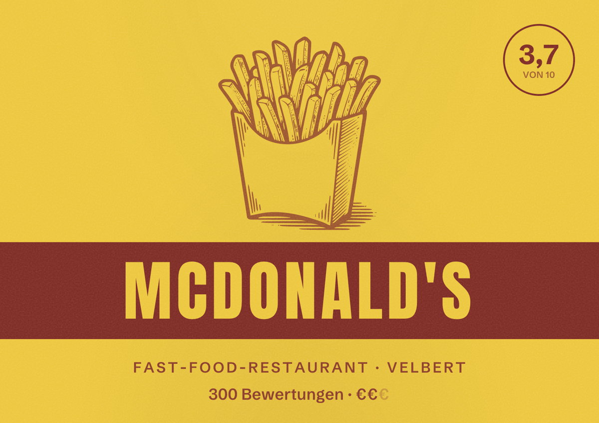 Illustriertes Poster von McDonald's, Fast-Food-Restaurant in Velbert: Bewertung 3,7 von 10 aus 300 Bewertungen, Preisniveau €€