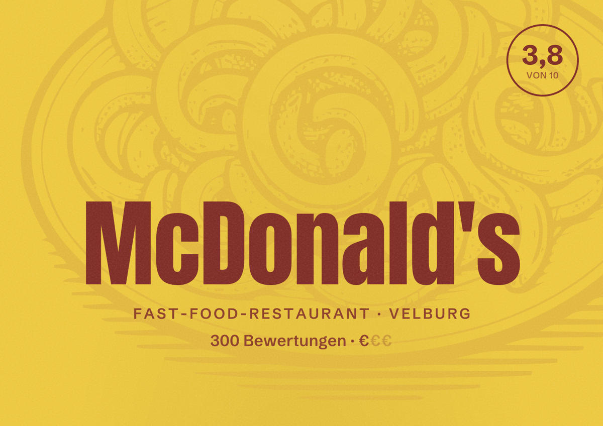 Illustriertes Poster von McDonald's, Fast-Food-Restaurant in Velburg: Bewertung 3,8 von 10 aus 300 Bewertungen, Preisniveau €