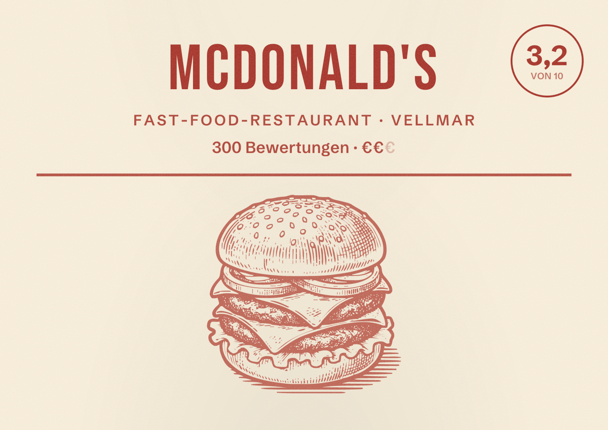 Illustriertes Poster von McDonald's, Fast-Food-Restaurant in Vellmar: Bewertung 3,2 von 10 aus 300 Bewertungen, Preisniveau €€