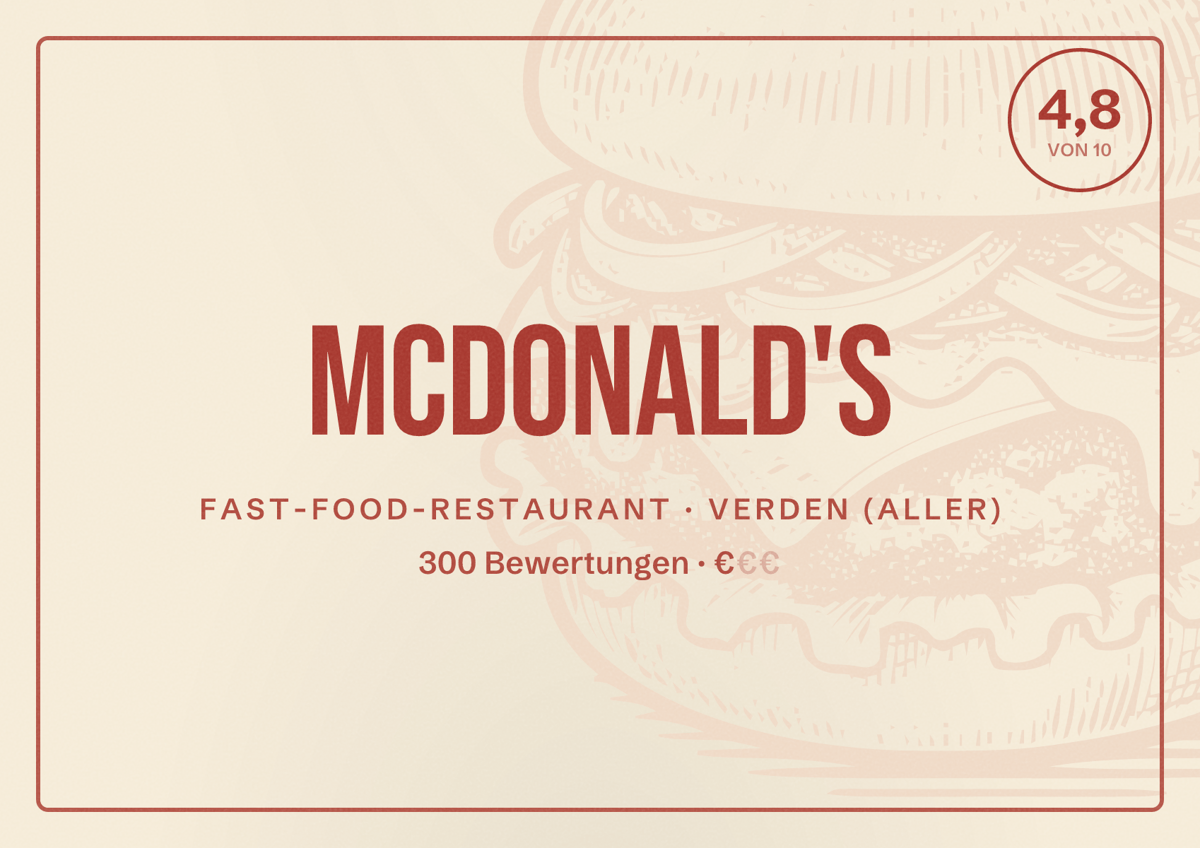 Illustriertes Poster von McDonald's, Fast-Food-Restaurant in Verden (Aller): Bewertung 4,8 von 10 aus 300 Bewertungen, Preisniveau €