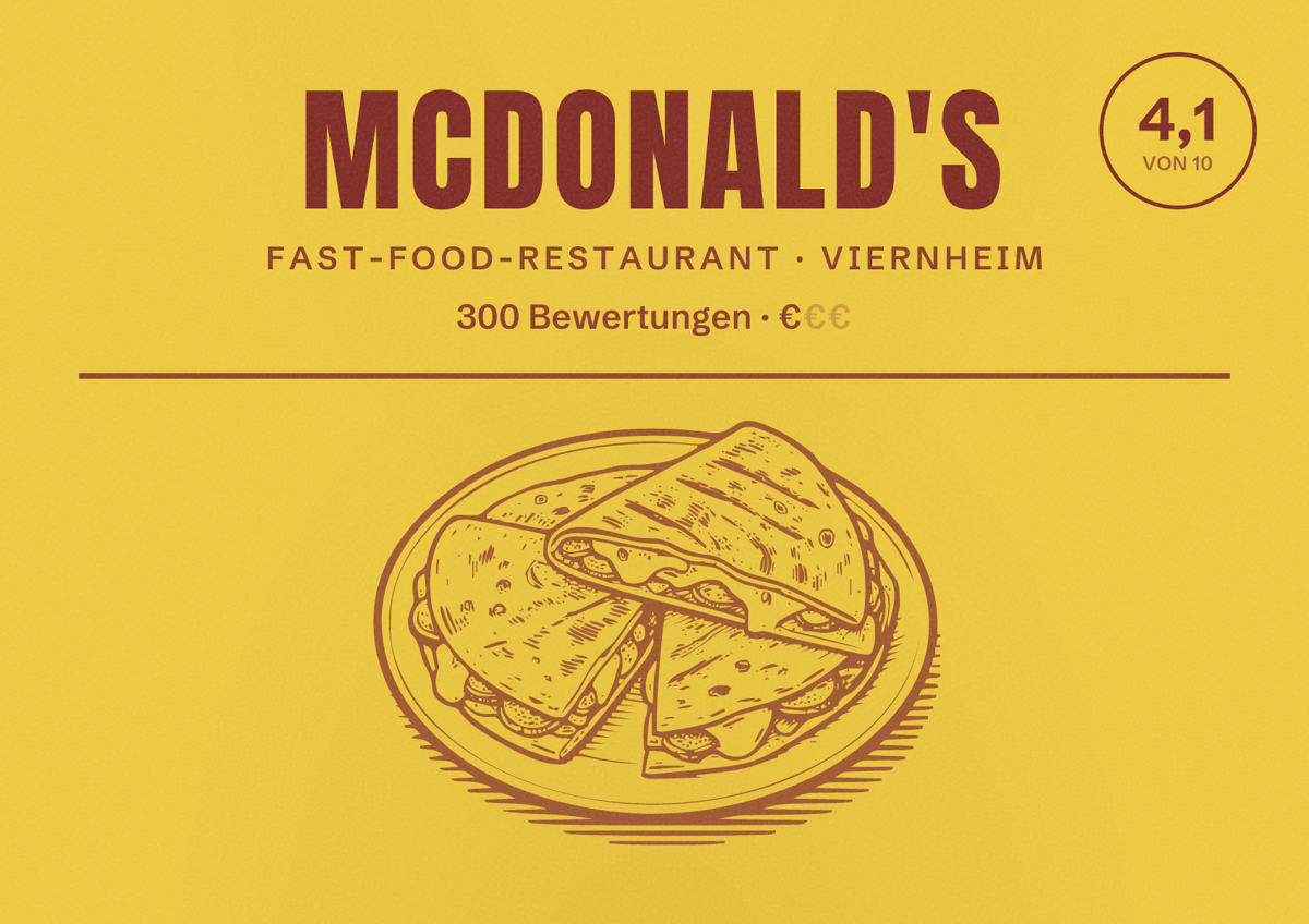 Illustriertes Poster von McDonald's, Fast-Food-Restaurant in Viernheim: Bewertung 4,1 von 10 aus 300 Bewertungen, Preisniveau €