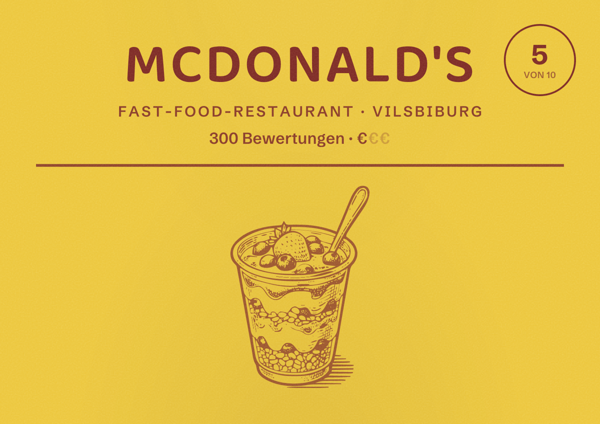 Illustriertes Poster von McDonald's, Fast-Food-Restaurant in Vilsbiburg: Bewertung 5 von 10 aus 300 Bewertungen, Preisniveau €