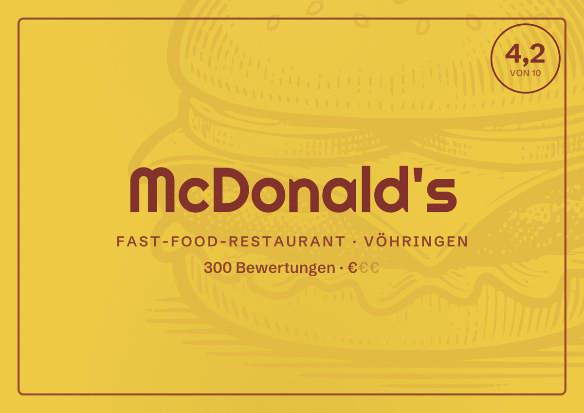 Illustriertes Poster von McDonald's, Fast-Food-Restaurant in Vöhringen: Bewertung 4,2 von 10 aus 300 Bewertungen, Preisniveau €