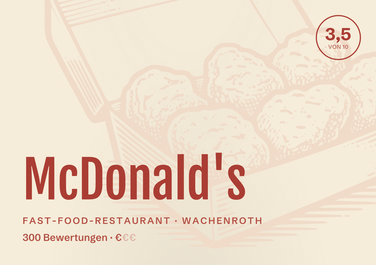 Illustriertes Poster von McDonald's, Fast-Food-Restaurant in Wachenroth: Bewertung 3,5 von 10 aus 300 Bewertungen, Preisniveau €