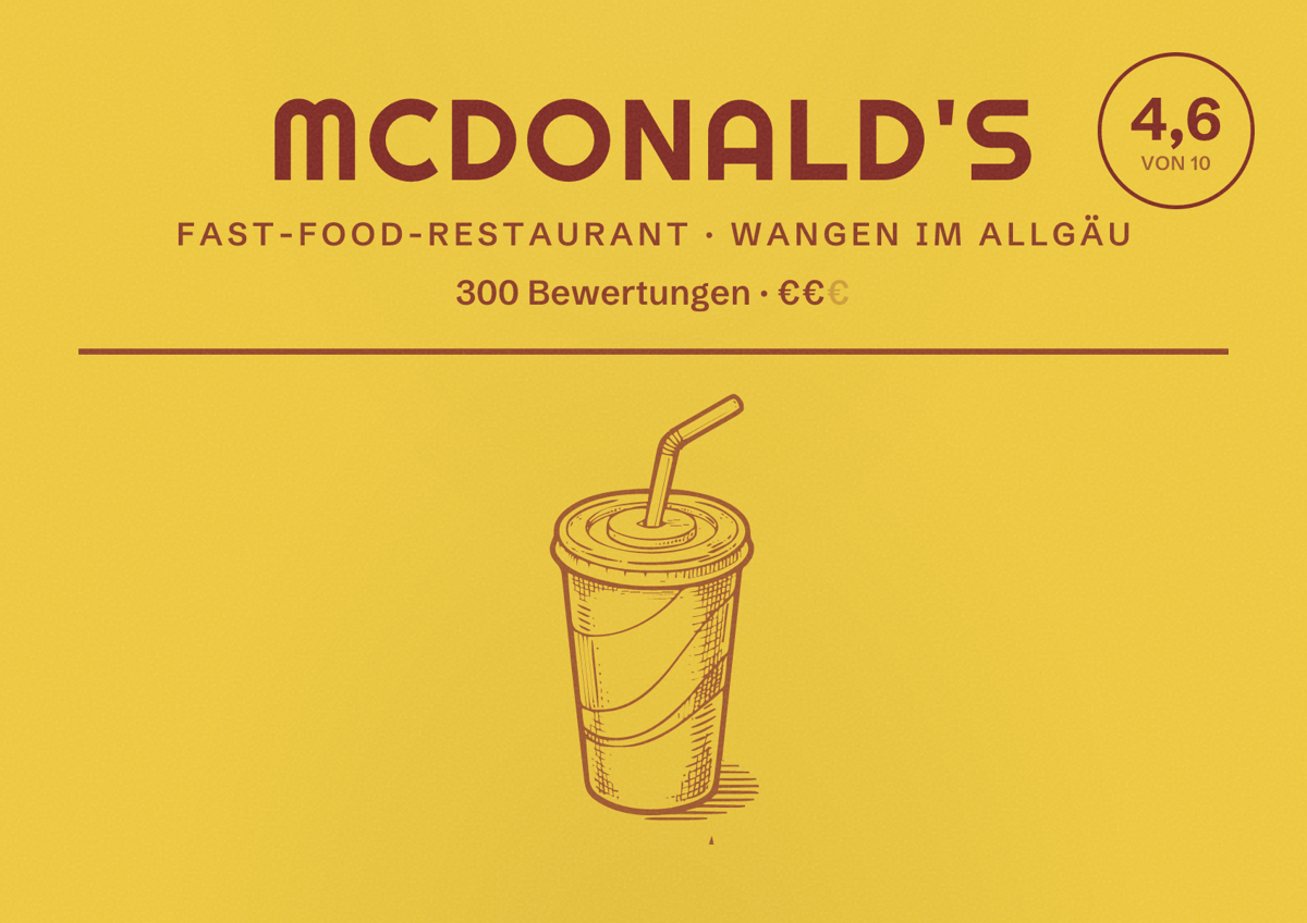Illustriertes Poster von McDonald's, Fast-Food-Restaurant in Wangen im Allgäu: Bewertung 4,6 von 10 aus 300 Bewertungen, Preisniveau €€
